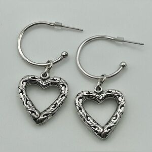 Silver Tone Hoop Earrings with Ornate Heart Charms
